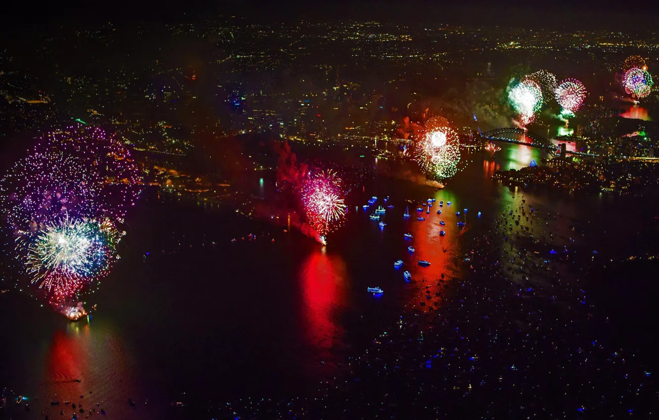 Photo wallpaper salute, New Year, Australia, Sydney, fireworks, Sydney Harbour Bridge
