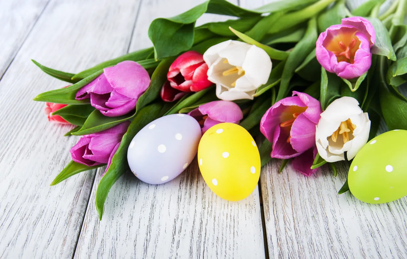Photo wallpaper flowers, eggs, colorful, Easter, tulips, wood, pink, flowers