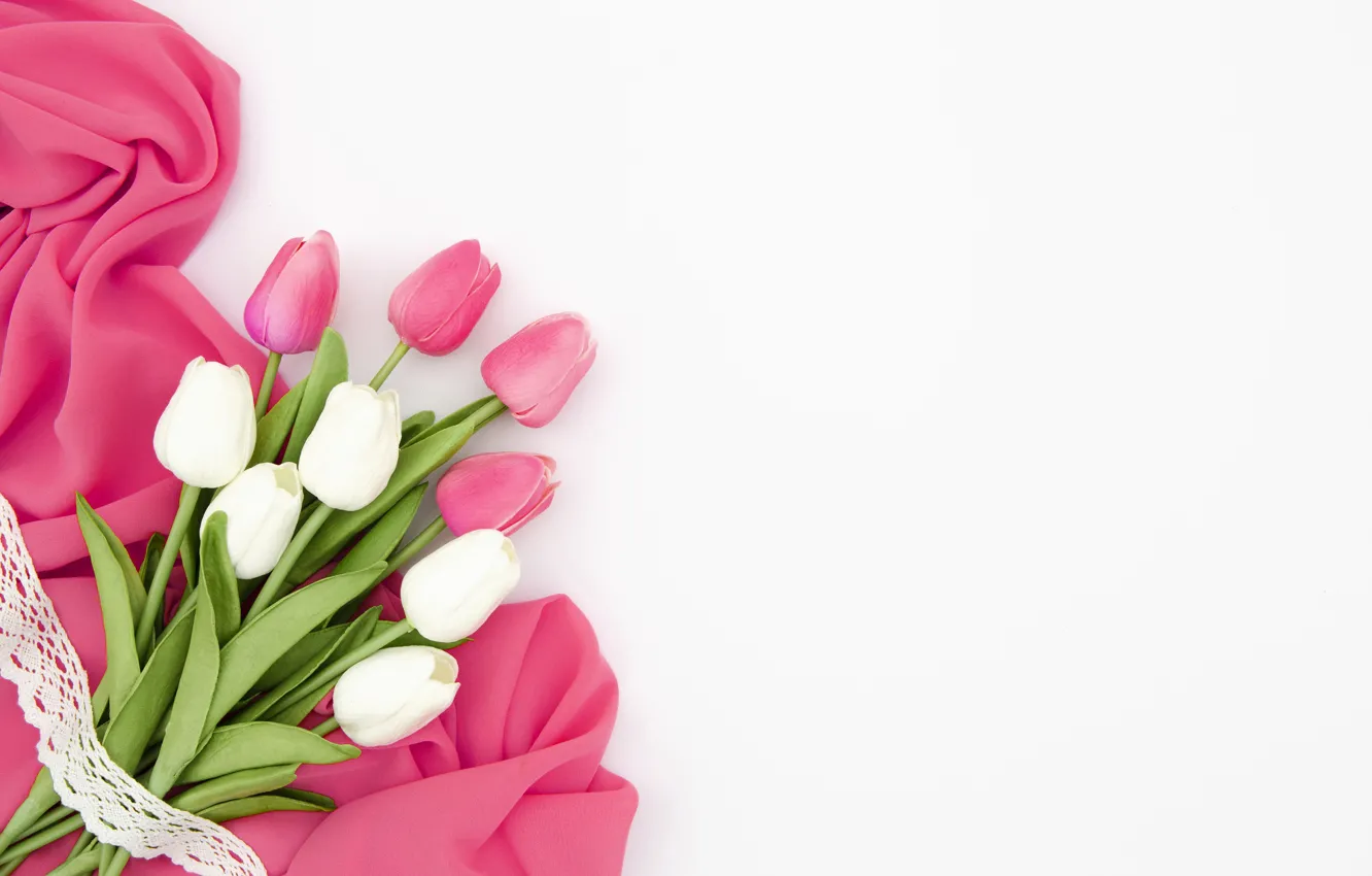 Photo wallpaper flowers, bouquet, spring, silk, tulips, white background, fabric, pink