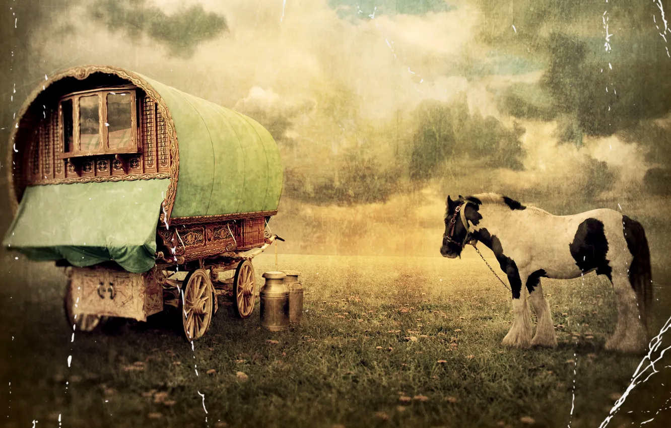 Photo wallpaper horse, old photo, wagon, vintage, cans