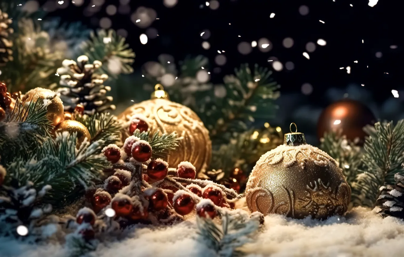 Photo wallpaper winter, snow, decoration, snowflakes, balls, new year, Christmas, golden