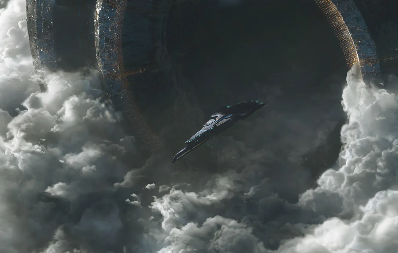 Photo wallpaper fantasy, science fiction, clouds, spaceship, sci-fi, gates, digital art, artwork