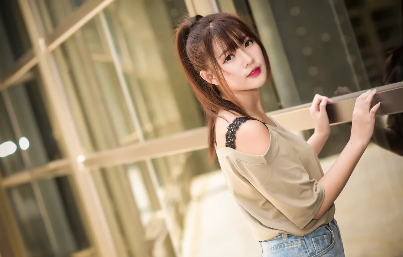 Photo wallpaper pose, beauty, stained glass, Asian, brown eyes, beauty, brown eyes, charm