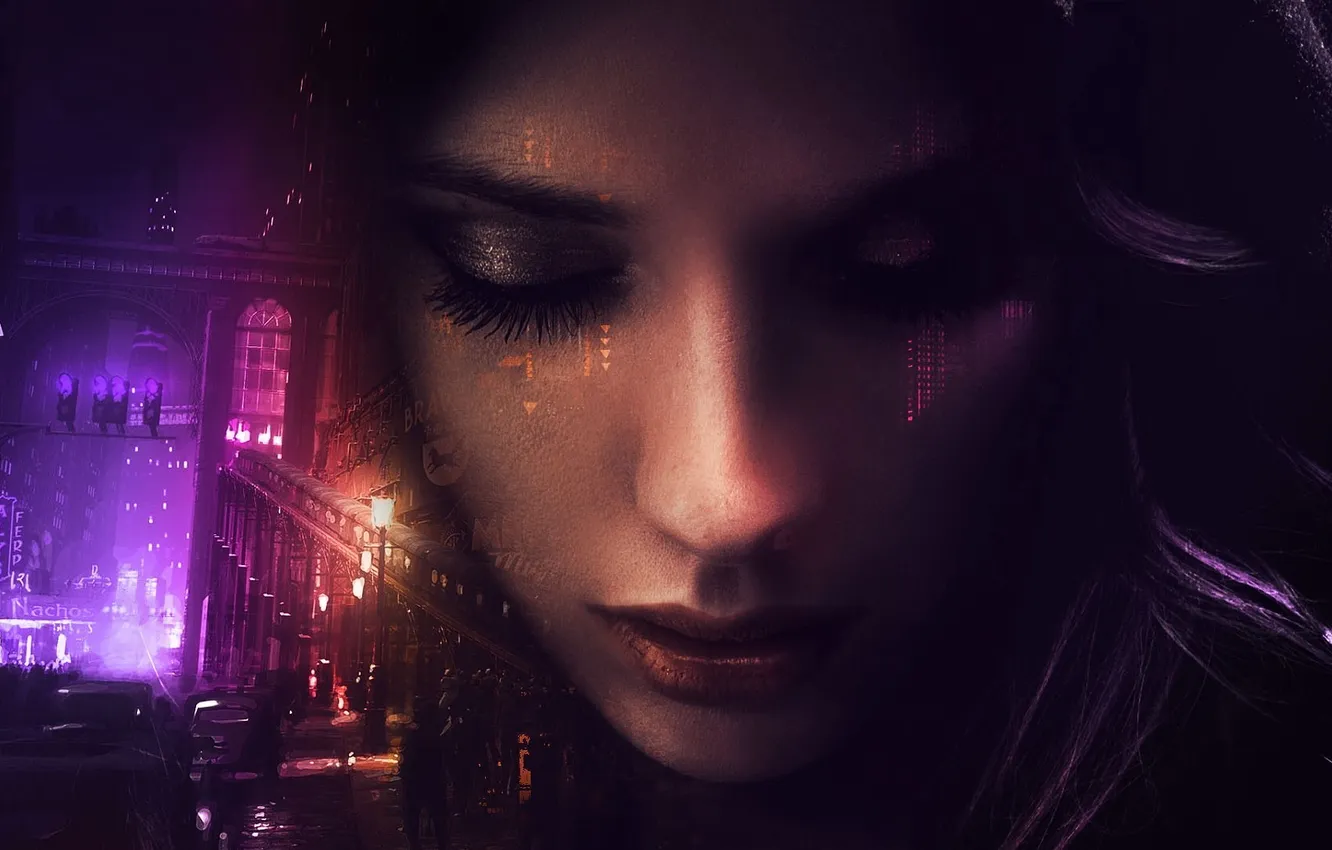Photo wallpaper girl, face, the city, background