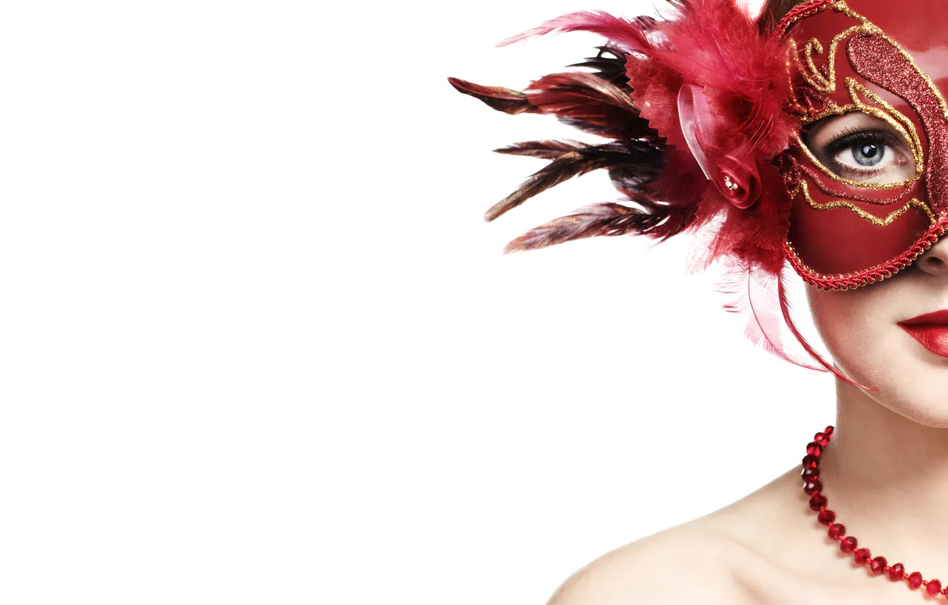 Photo wallpaper look, girl, feathers, mask, beads, blue-eyed, riddle