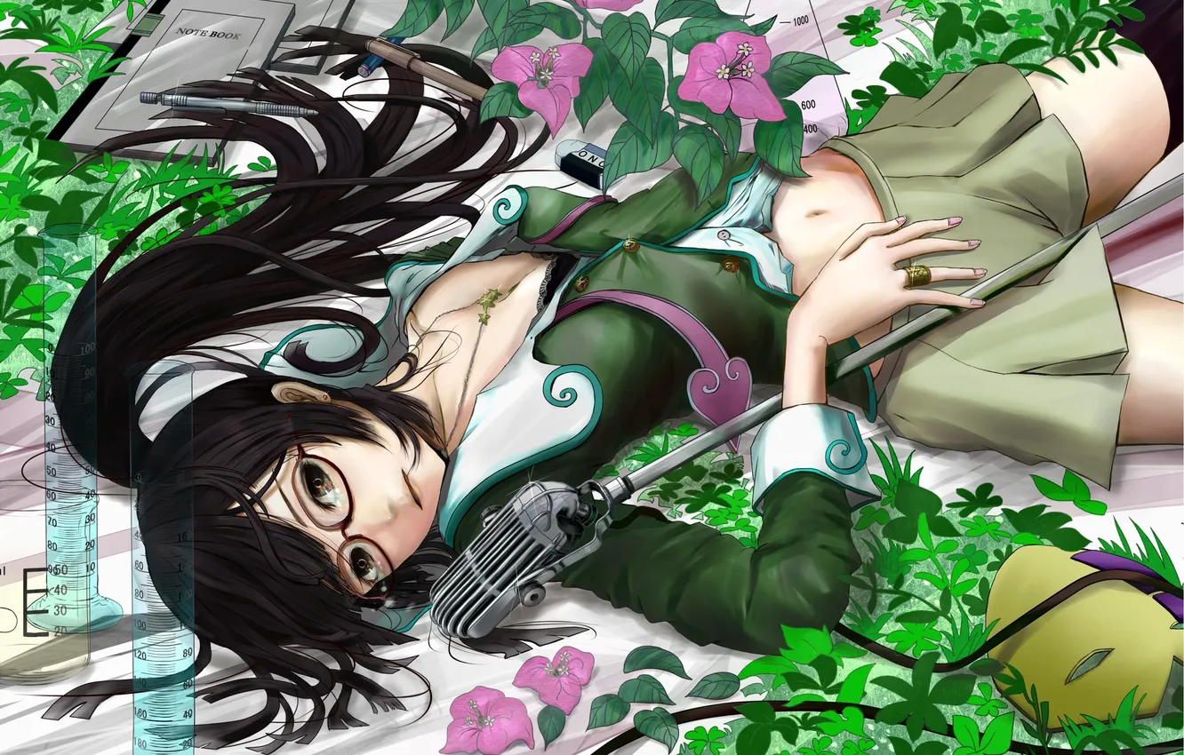 Photo wallpaper girl, skirt, mask, glasses, lies, microphone, star driver