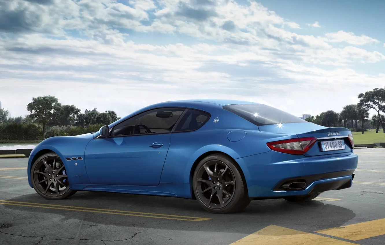 Photo wallpaper the sky, blue, sport, Maserati, supercar, rear view, GranTurismo, Maserati