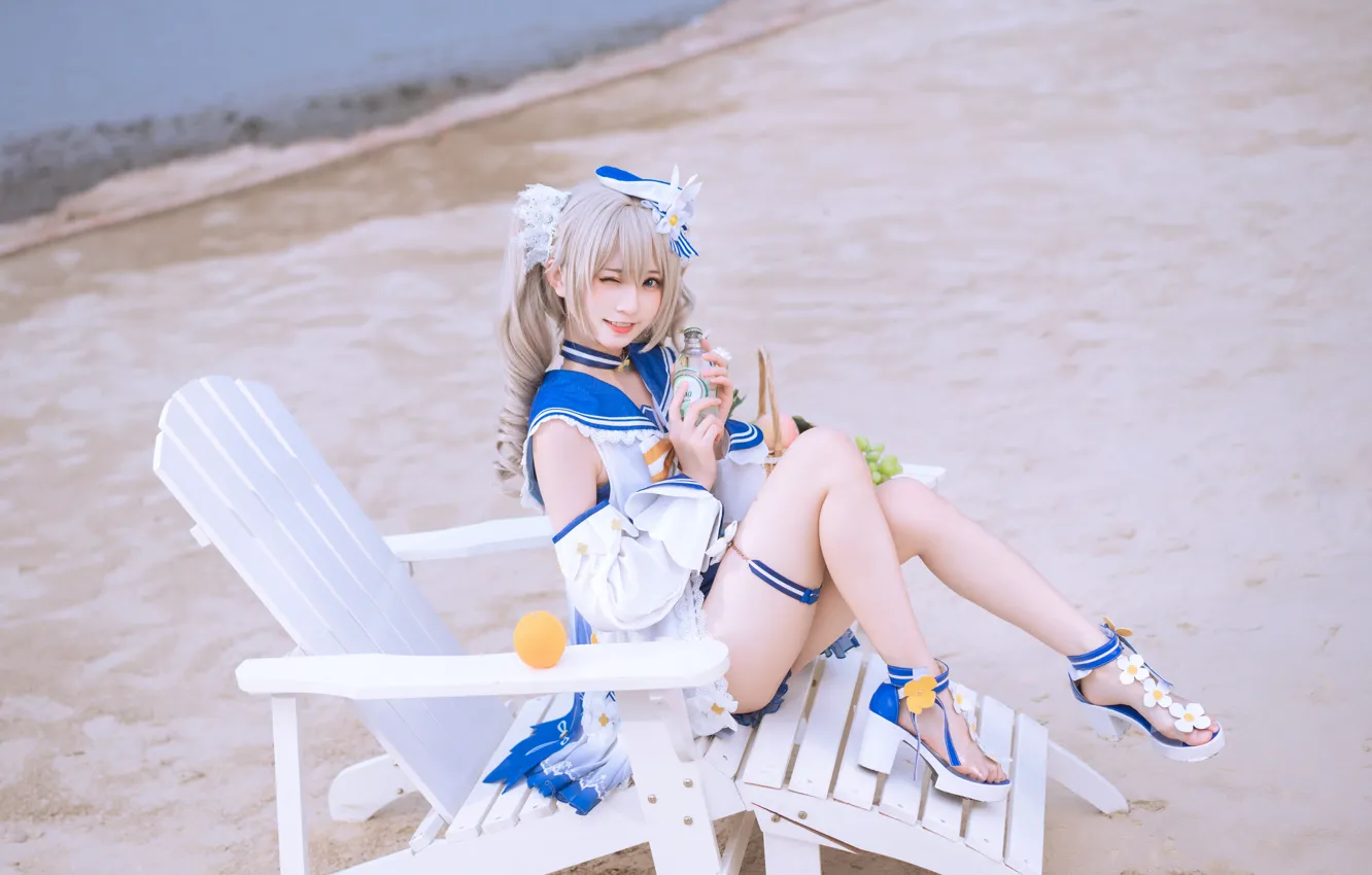 Photo wallpaper legs, blue eyes, cosplay, bench, asian, white dress, Barbara, Genshin Impact