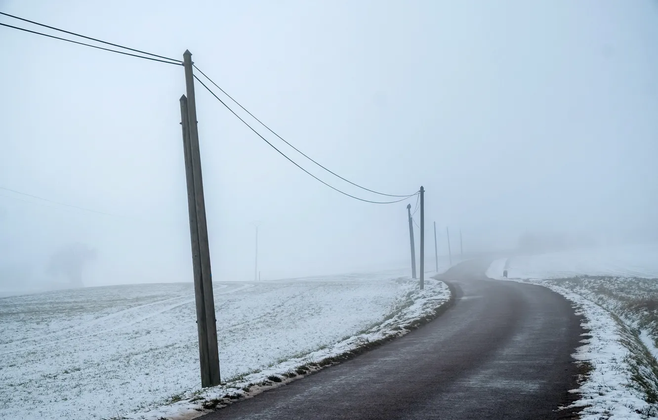 Photo wallpaper road, fog, power lines