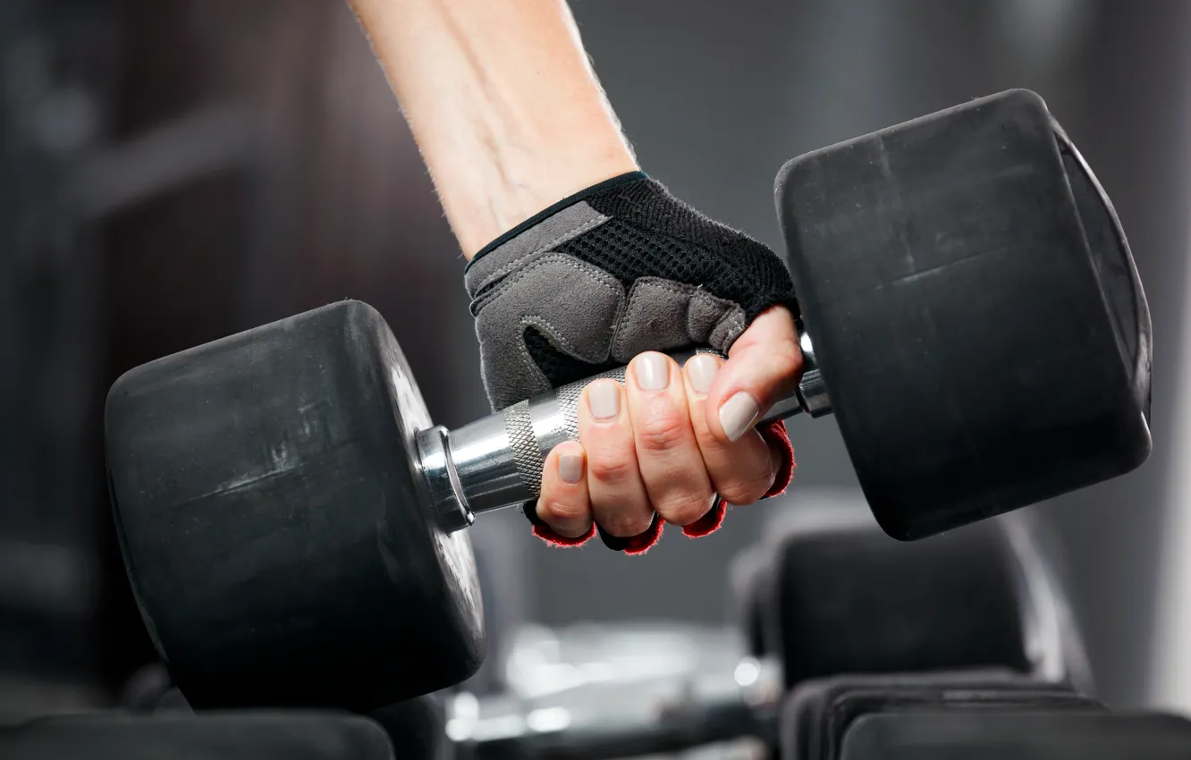 Photo wallpaper woman, fitness, gloves, dumbbell, weight