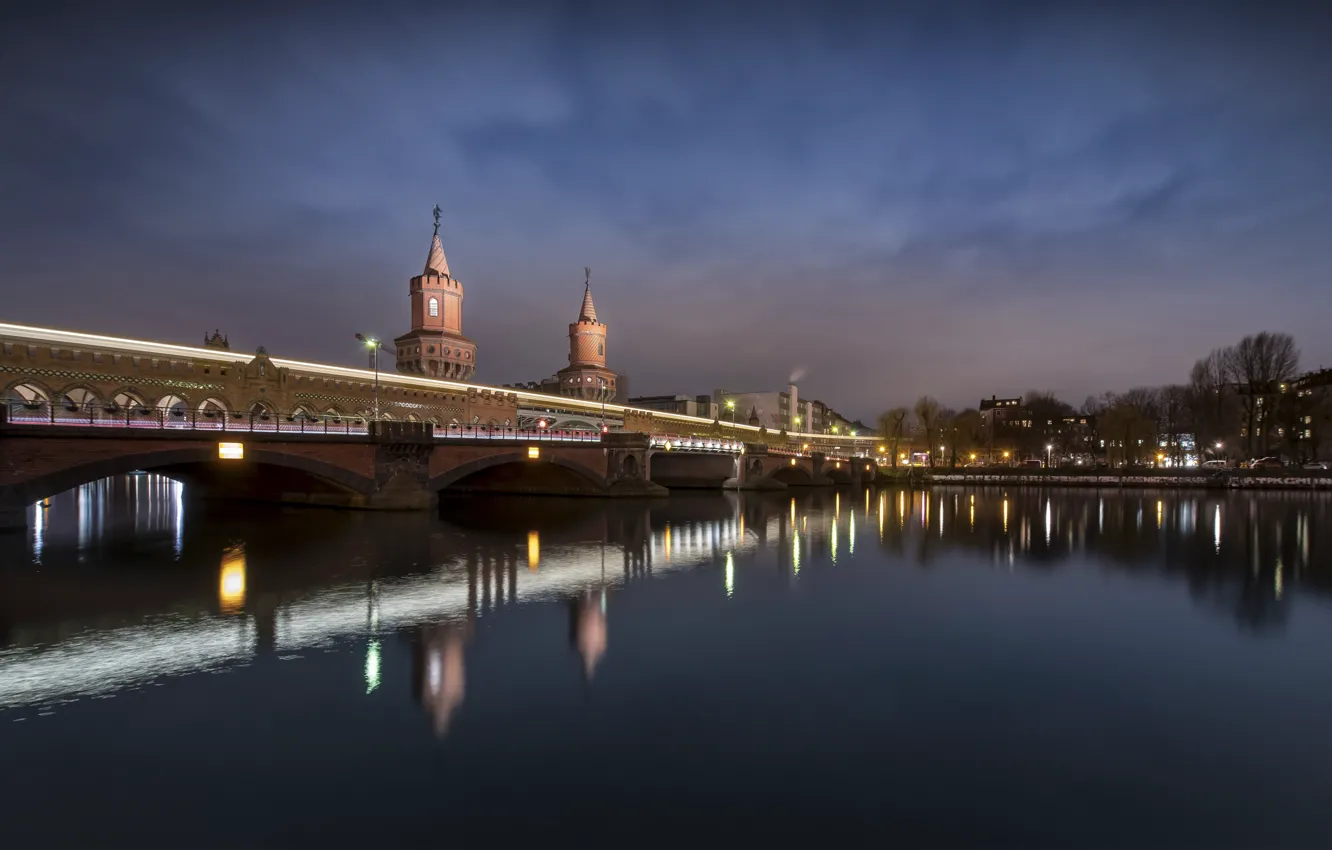 Photo wallpaper bridge, the city, river, the evening, Germany, Berlin, Spree, Oberbaum