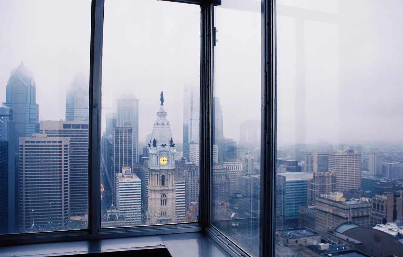 Photo wallpaper the sky, clouds, the city, fog, building, horizon, the view from the window, skyscrapers