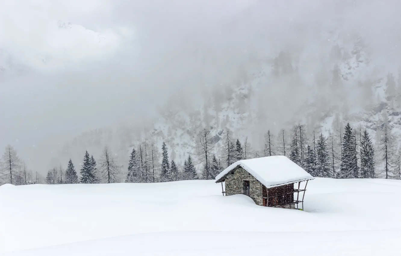 Photo wallpaper snow, mountains, fog, house