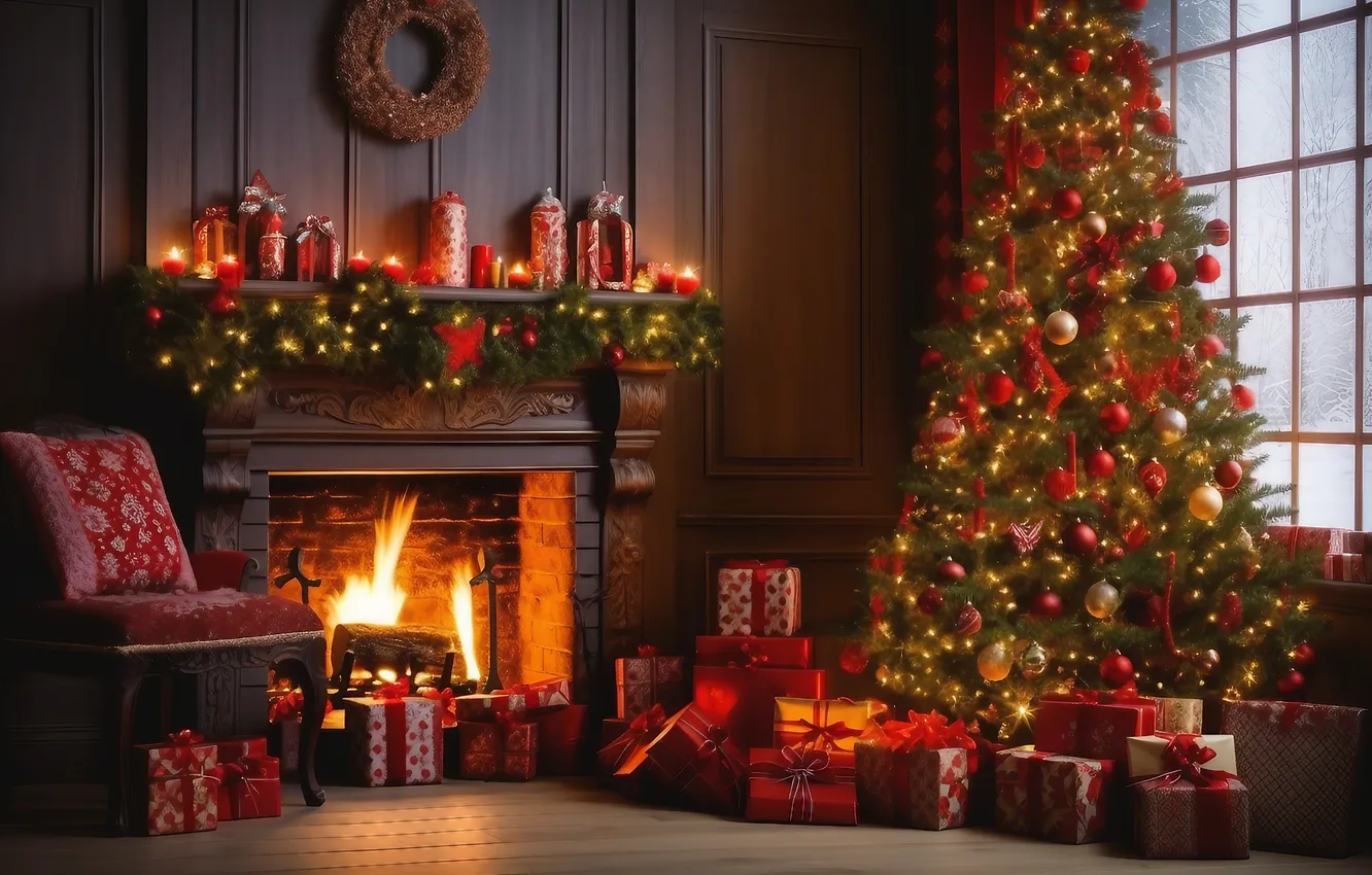 Photo wallpaper room, tree, new year, interior, Christmas, fireplace, Christmas, view