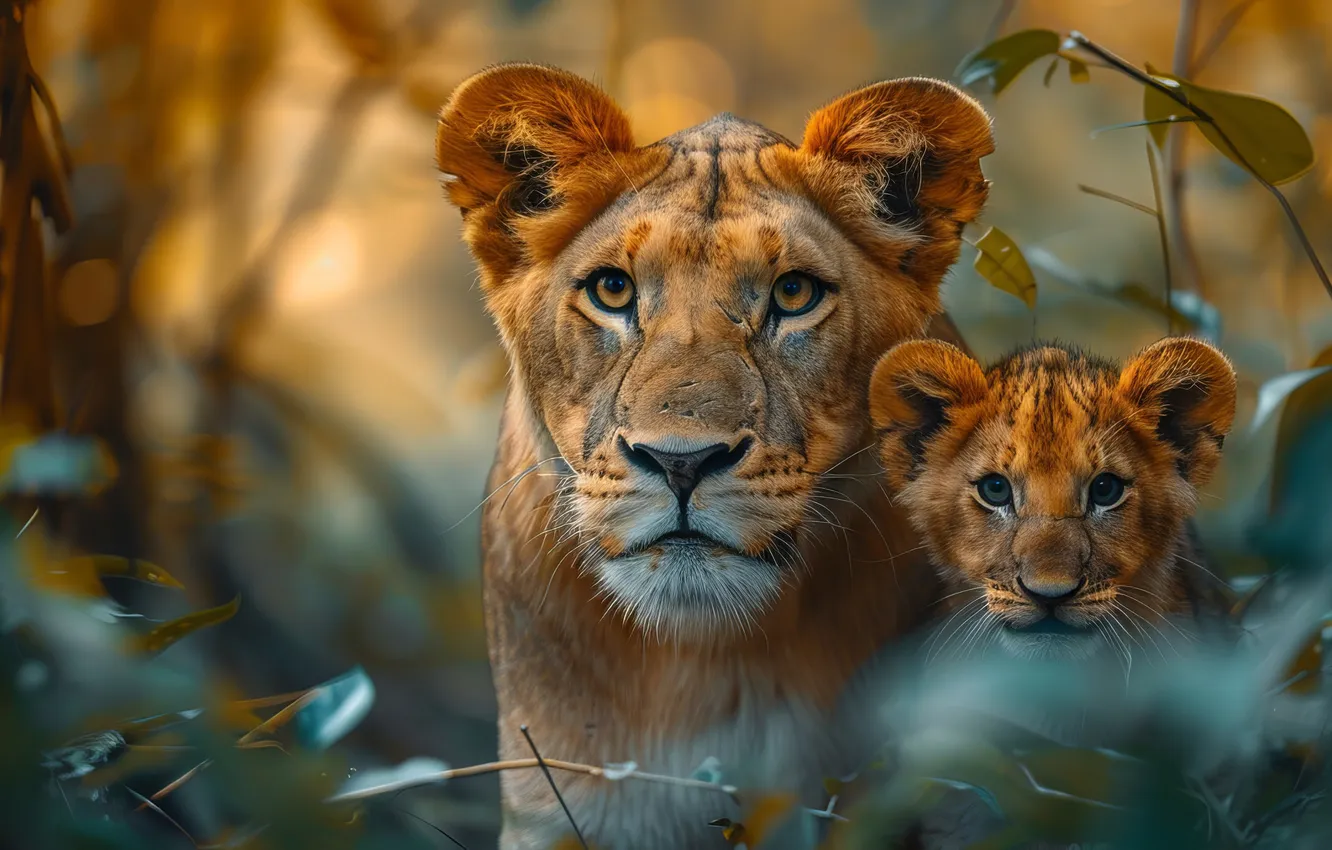 Photo wallpaper face, leaves, cub, kitty, lioness, big cat, predator, digital art
