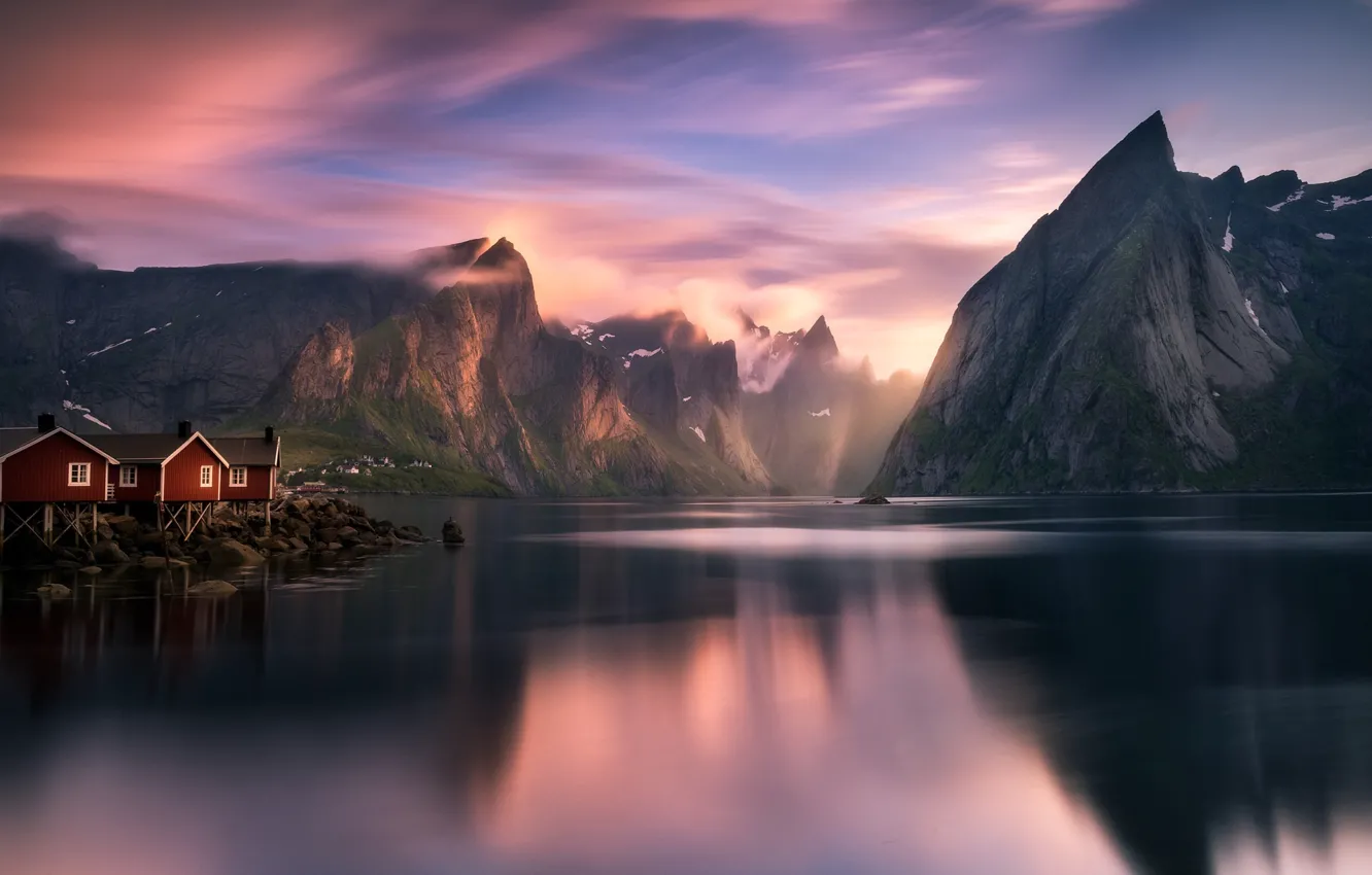 Photo wallpaper mountains, lake, home, Norway, the fjord
