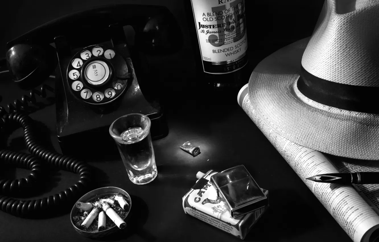 Photo wallpaper retro, bottle, hat, lighter, cigarette, handle, alcohol, phone