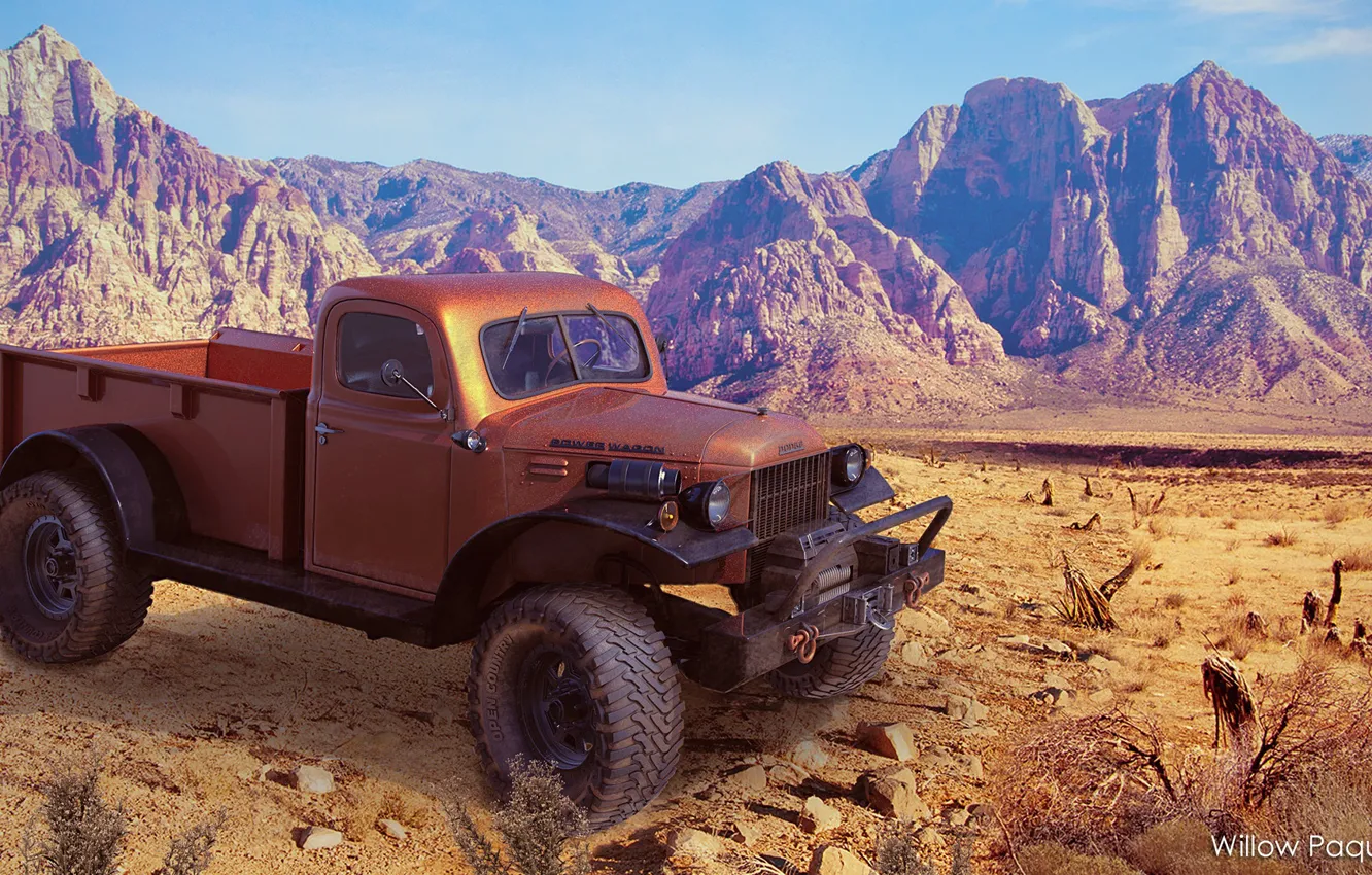 Photo wallpaper mountains, desert, Refurbished 1947 Dodge Power Wagon