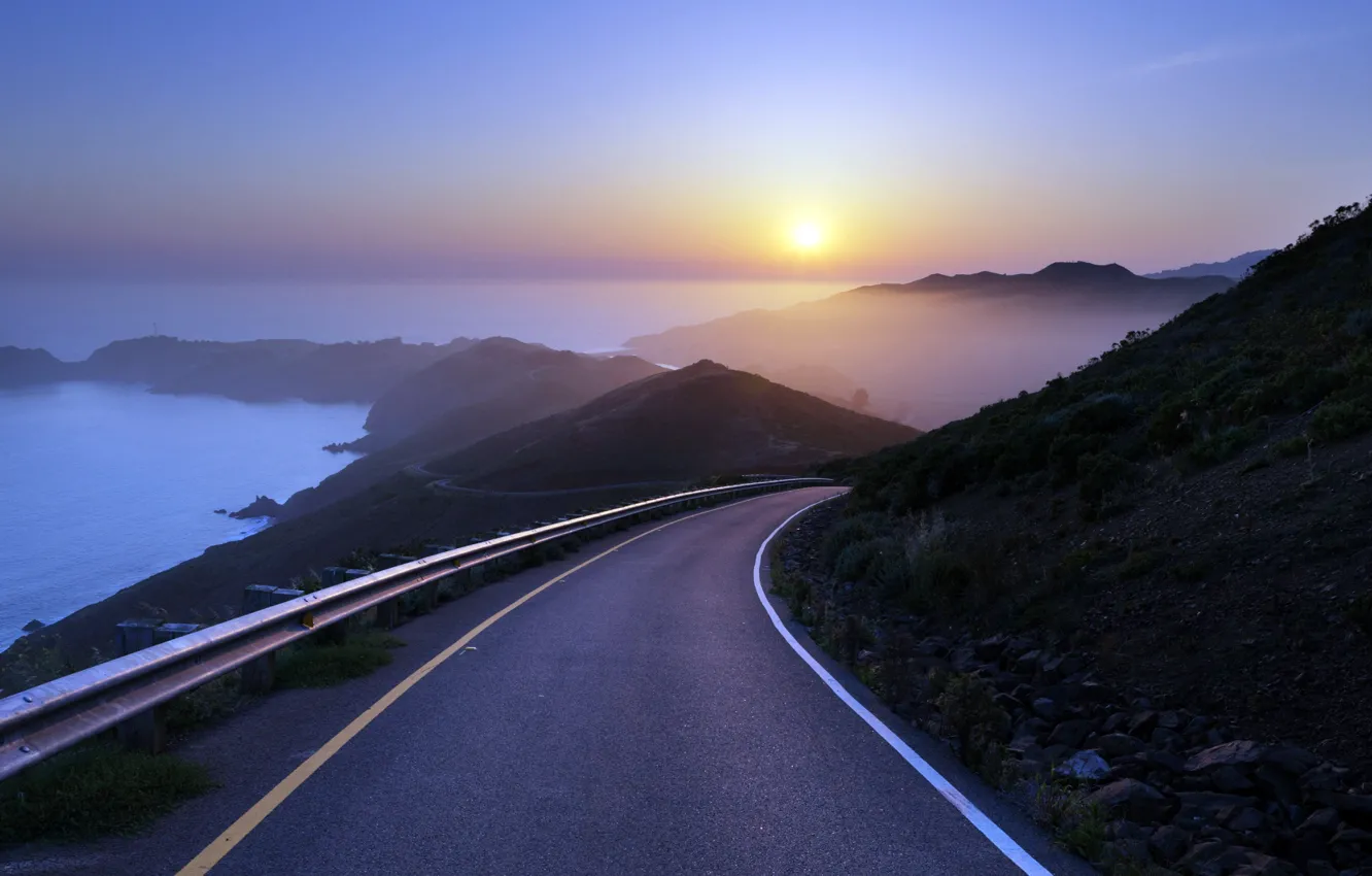 Photo wallpaper twilight, road, sea, landscape, coast, nature, sunset, sun