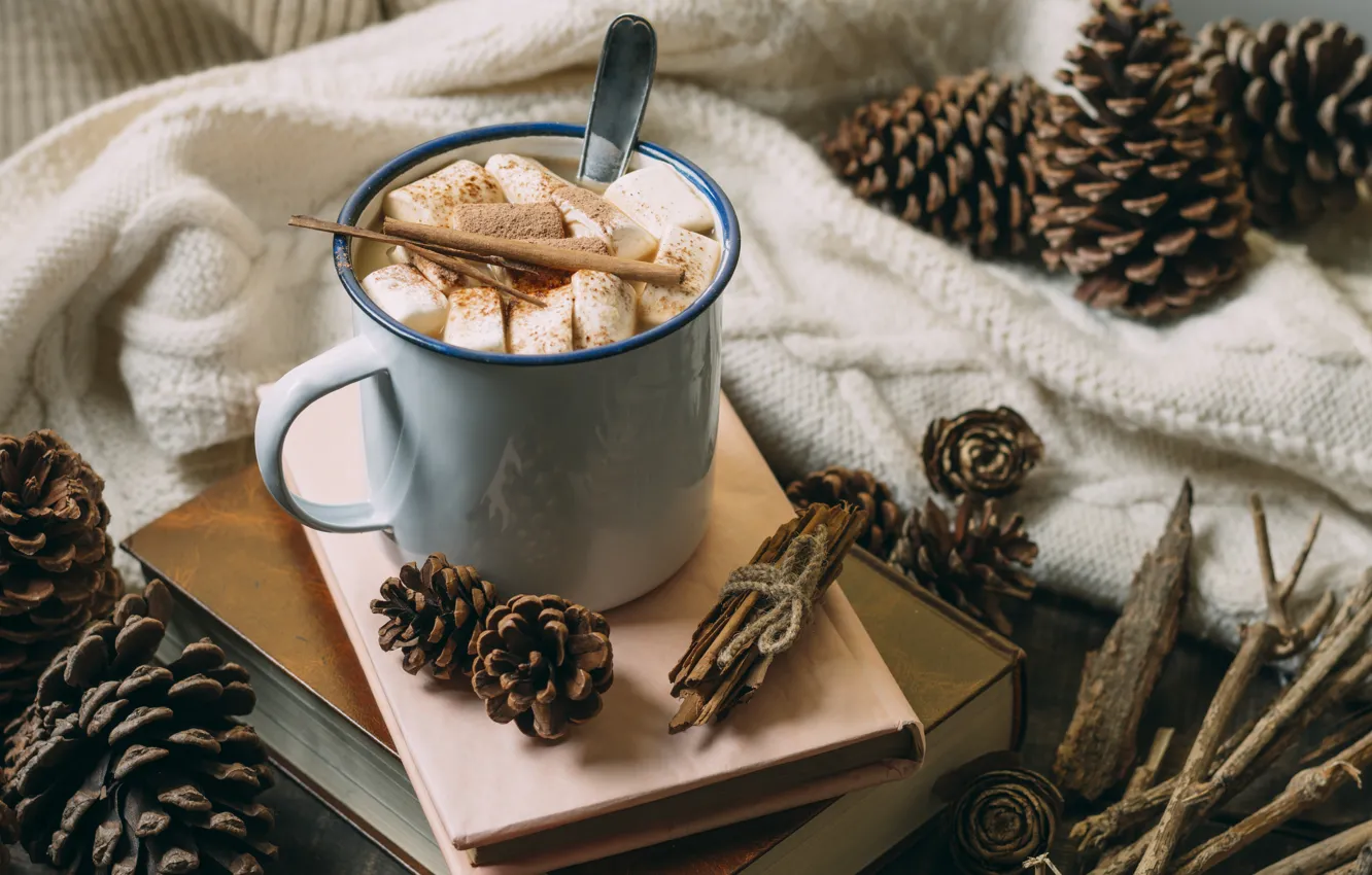 Photo wallpaper autumn, coffee, Cup, fabric, book, cinnamon, bumps, autumn