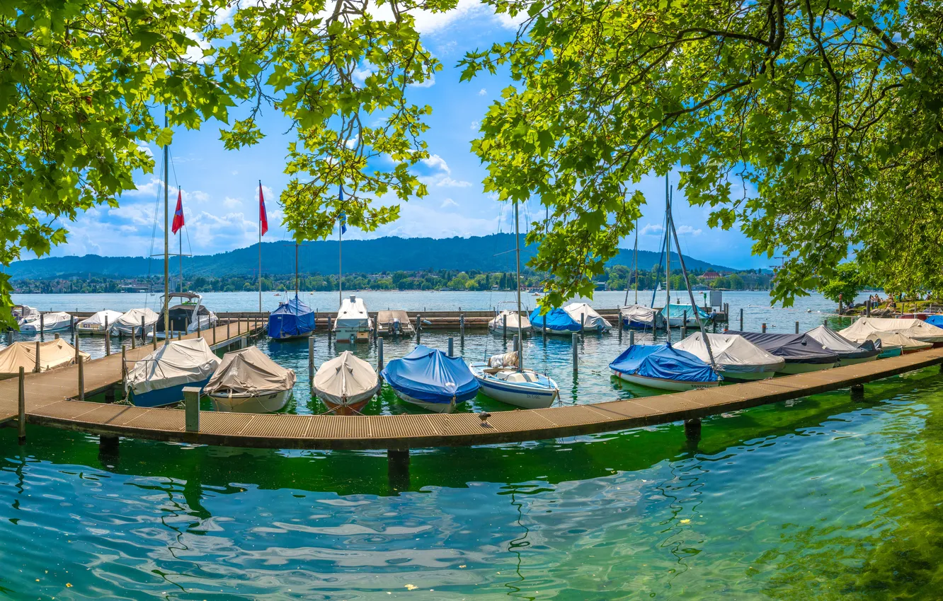 Photo wallpaper boat, Switzerland, pier, panorama, Zurich