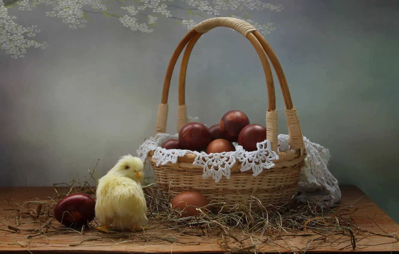 Photo wallpaper basket, chickens, eggs, spring, Easter, still life