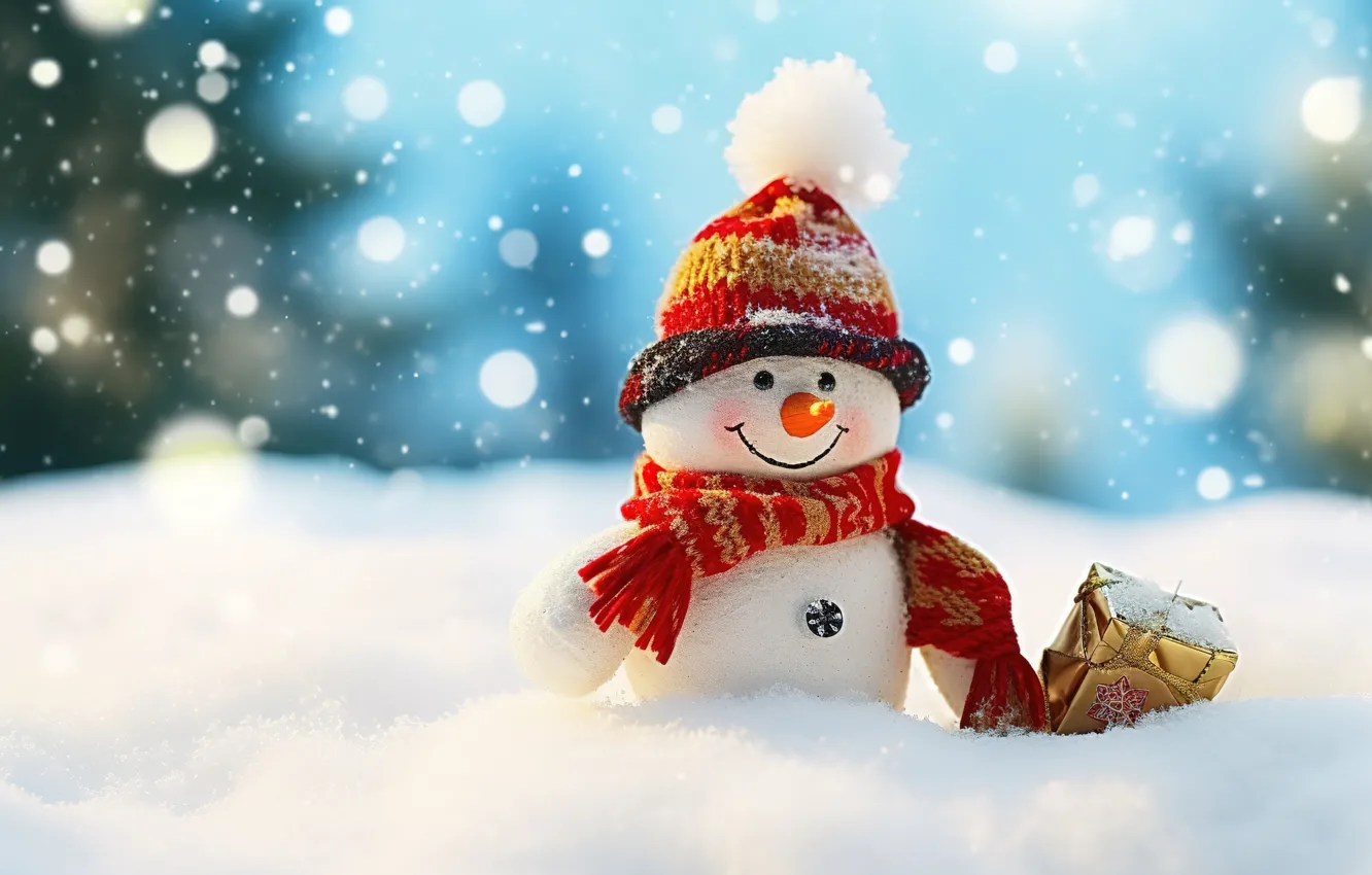 Photo wallpaper winter, snow, snowflakes, New Year, Christmas, snowman, happy, Christmas