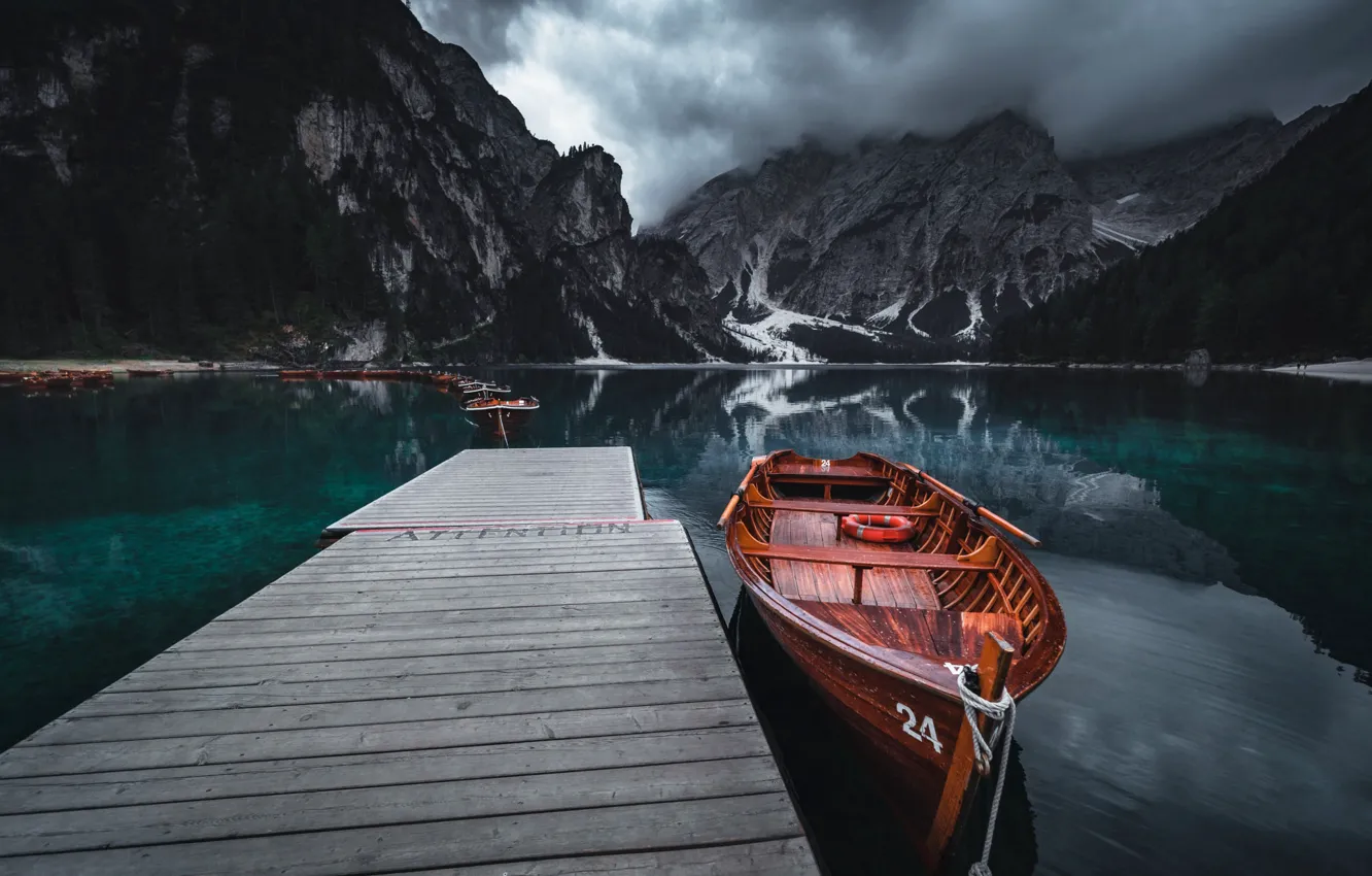 Photo wallpaper mountains, nature, lake, boat, pierce, Alessandro laurito