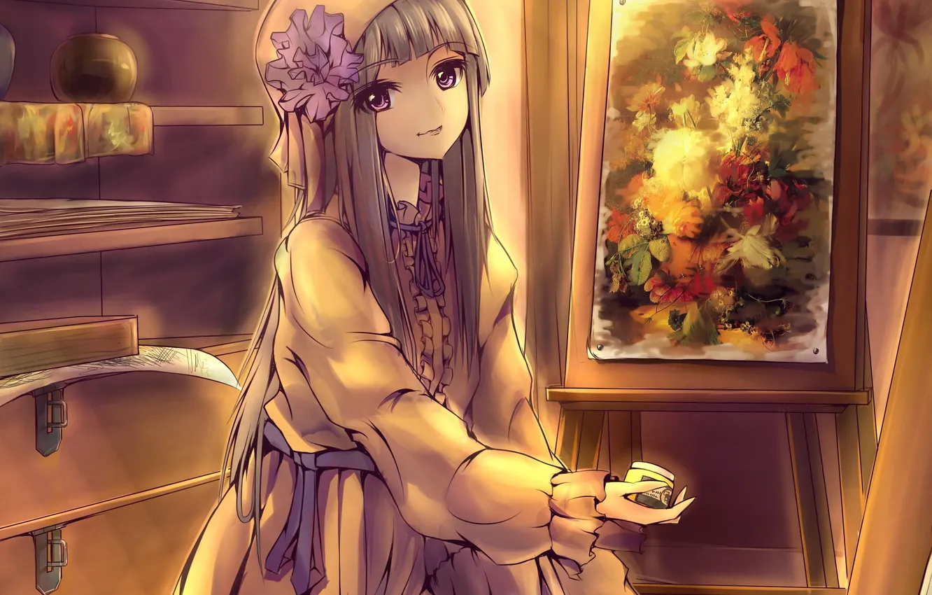 Photo wallpaper girl, flowers, paint, picture, anime, art, curtains, horai no han gengetsu