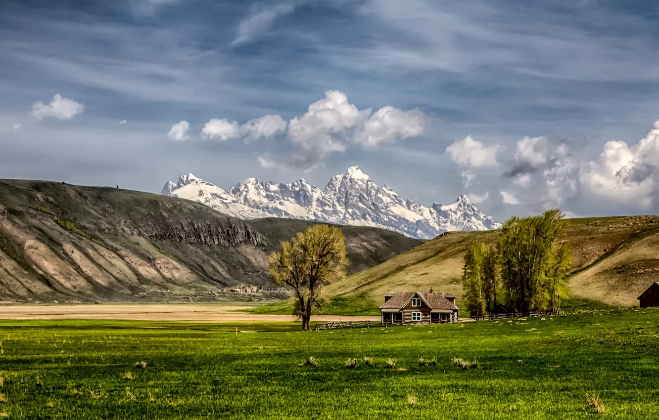 Photo wallpaper field, the sky, clouds, mountains, nature, home, farm