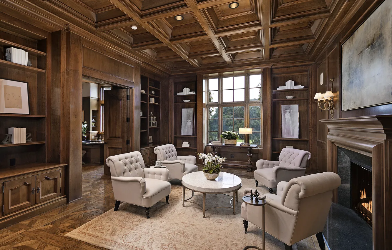 Photo wallpaper style, interior, living room, Santa Barbara, French manor, Cigar & Whisky Lounge