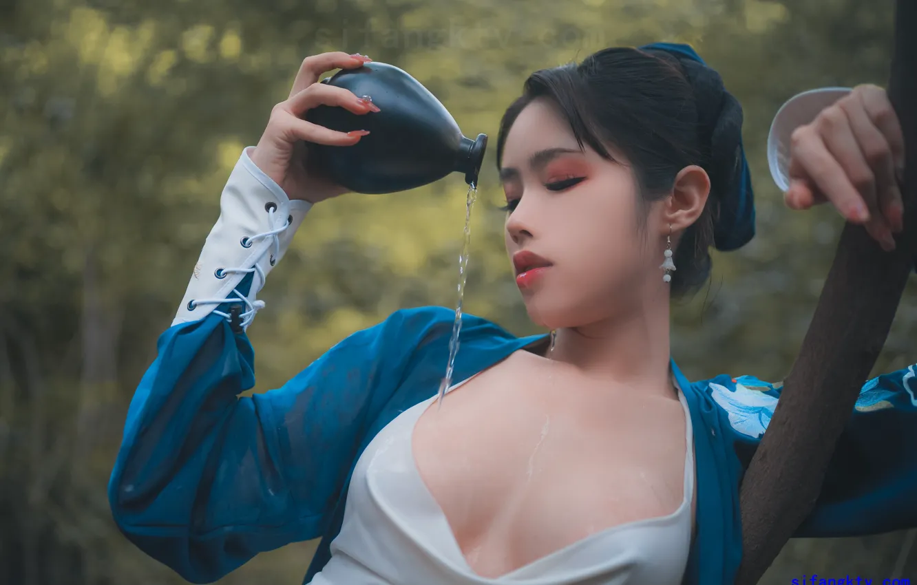 Photo wallpaper cleavage, Asian, model, women, cosplay, brunette, makeup, pouring