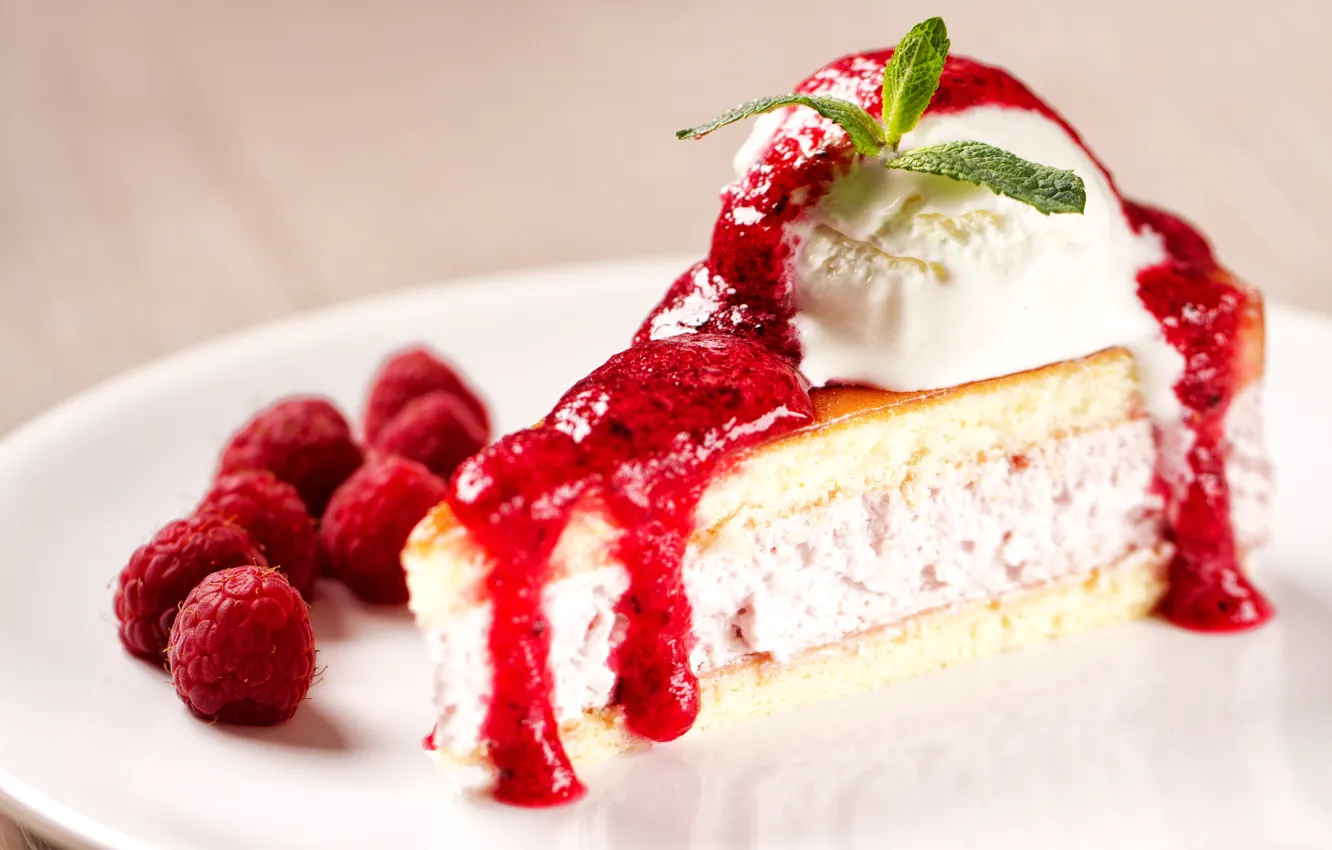 Photo wallpaper berries, raspberry, ice cream, cake, cake, cream, dessert, syrup