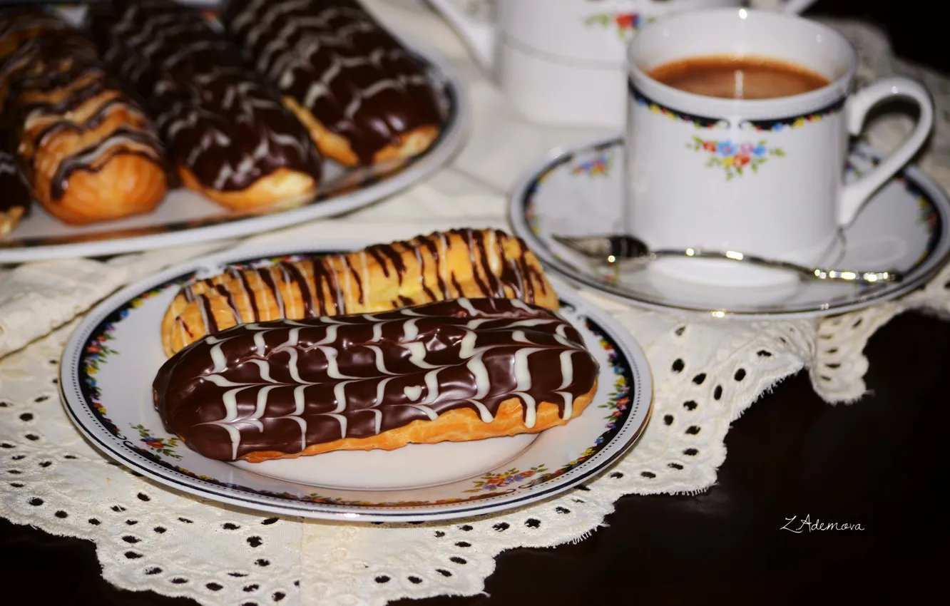 Photo wallpaper coffee, chocolate, cake, eclairs