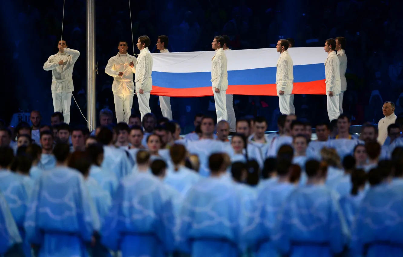 Photo wallpaper people, Flag, Russia, tricolor, athletes, banner, choir, Sochi 2014