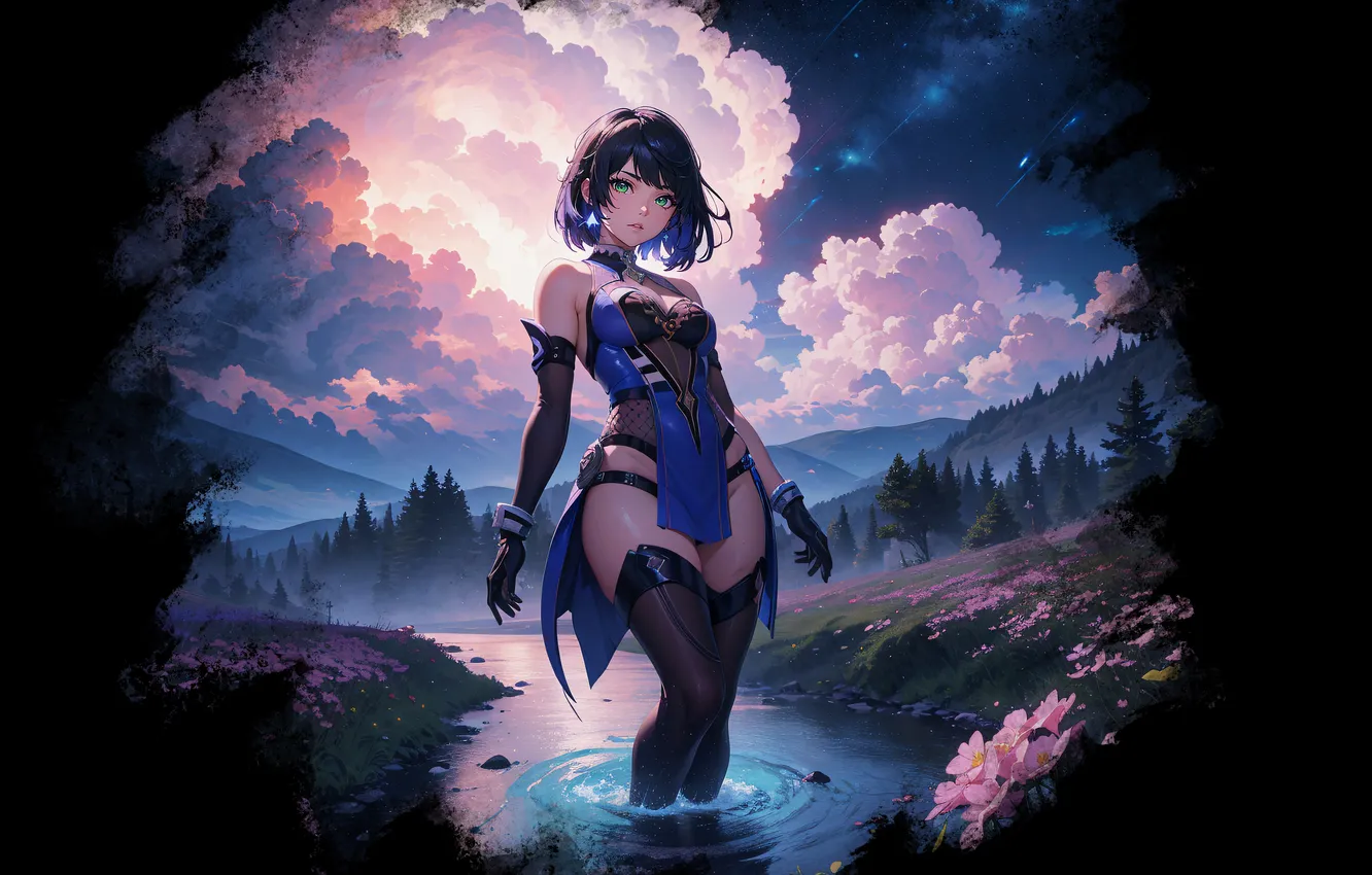 Photo wallpaper girl, hot, sexy, sky, blue, anime, short hair, clouds