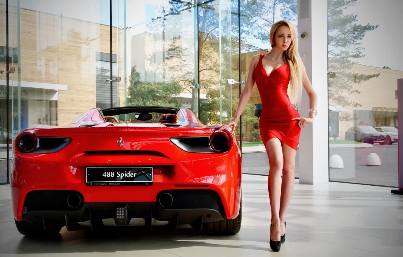 Photo wallpaper Girl Cars, High Heels, Red Dress