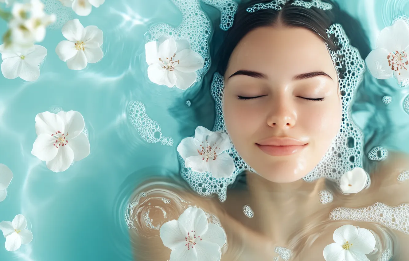 Photo wallpaper water, girl, flowers, bathing, in the water, AI art, neural network