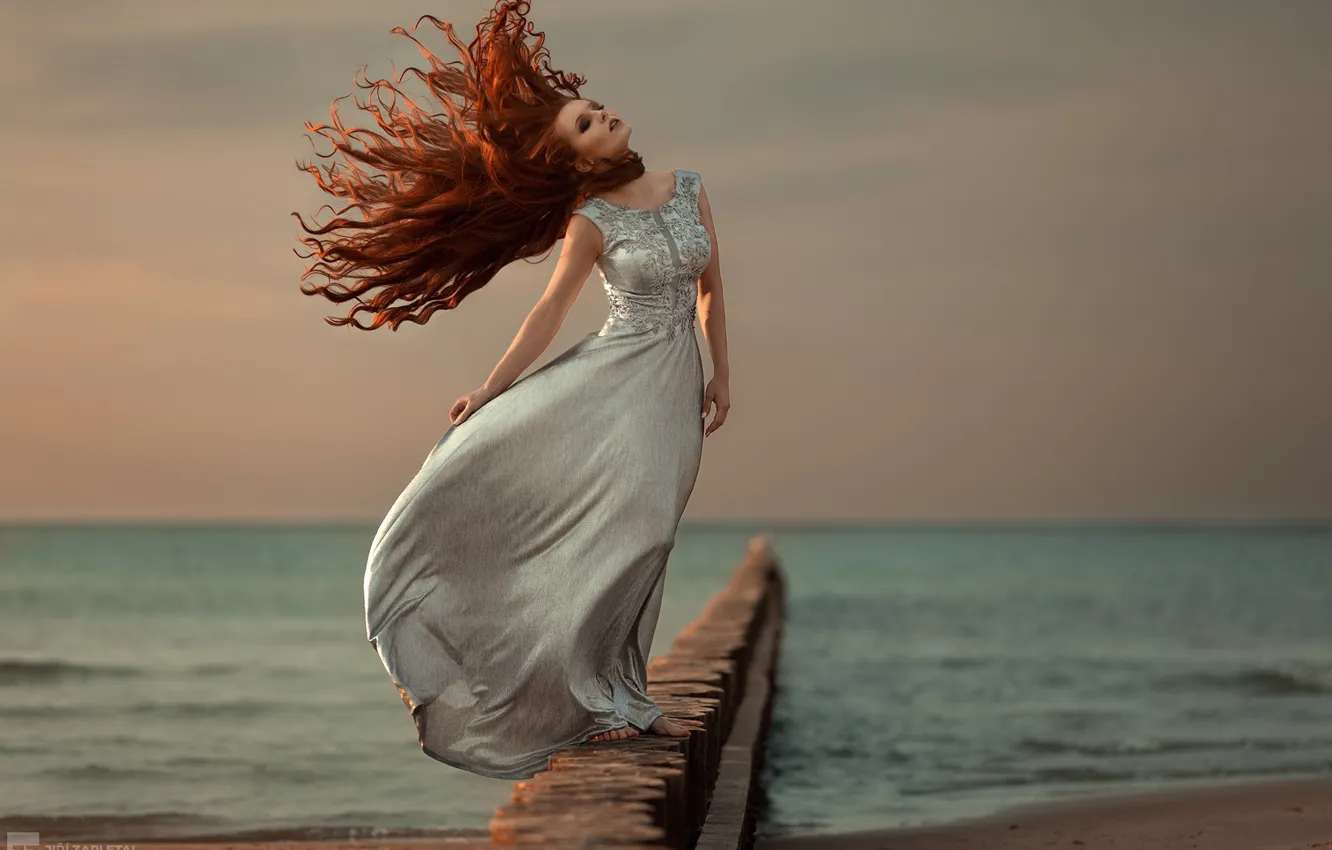 Photo wallpaper SEA, HAIR, HORIZON, The OCEAN, DRESS, RED, Lena Zemanova, Model Lena Zemanova