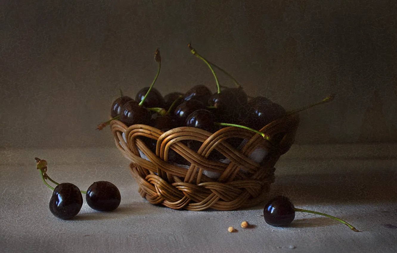 Photo wallpaper table, food, bone, fruit, still life, basket, cherry