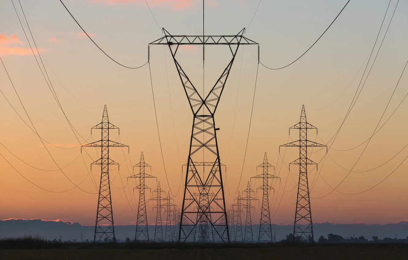 Photo wallpaper field, the sky, clouds, landscape, sunset, nature, wire, horizon