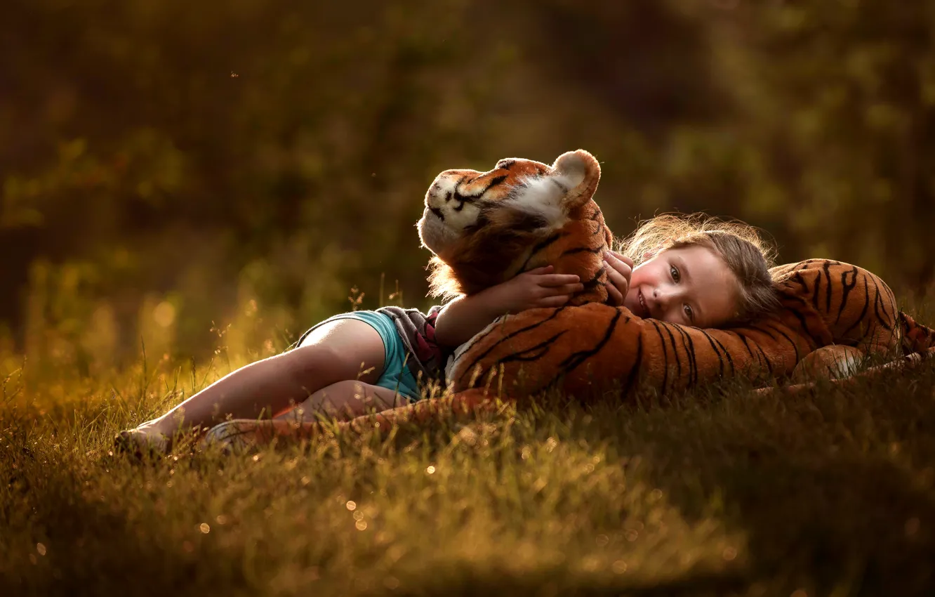 Photo wallpaper forest, children, tiger, mood, glade, toy, positive, girl
