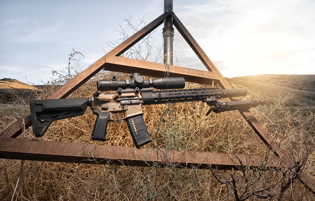 Photo wallpaper weapons, dawn, optics, carabiner, assault rifle, fry