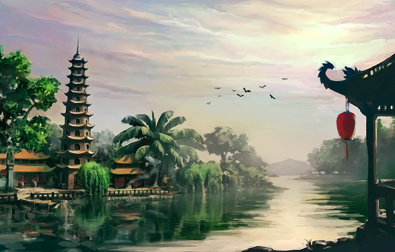 Photo wallpaper landscape, river, Asia, temple, pagoda, Vietnam