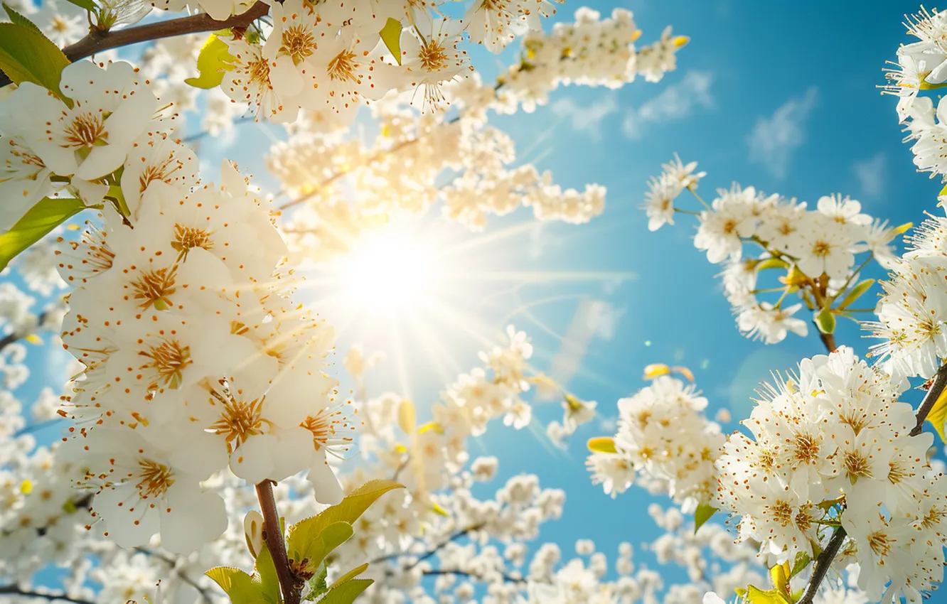 Photo wallpaper the sun, flowers, spring, sunshine, flowering, blossom, flowers, spring