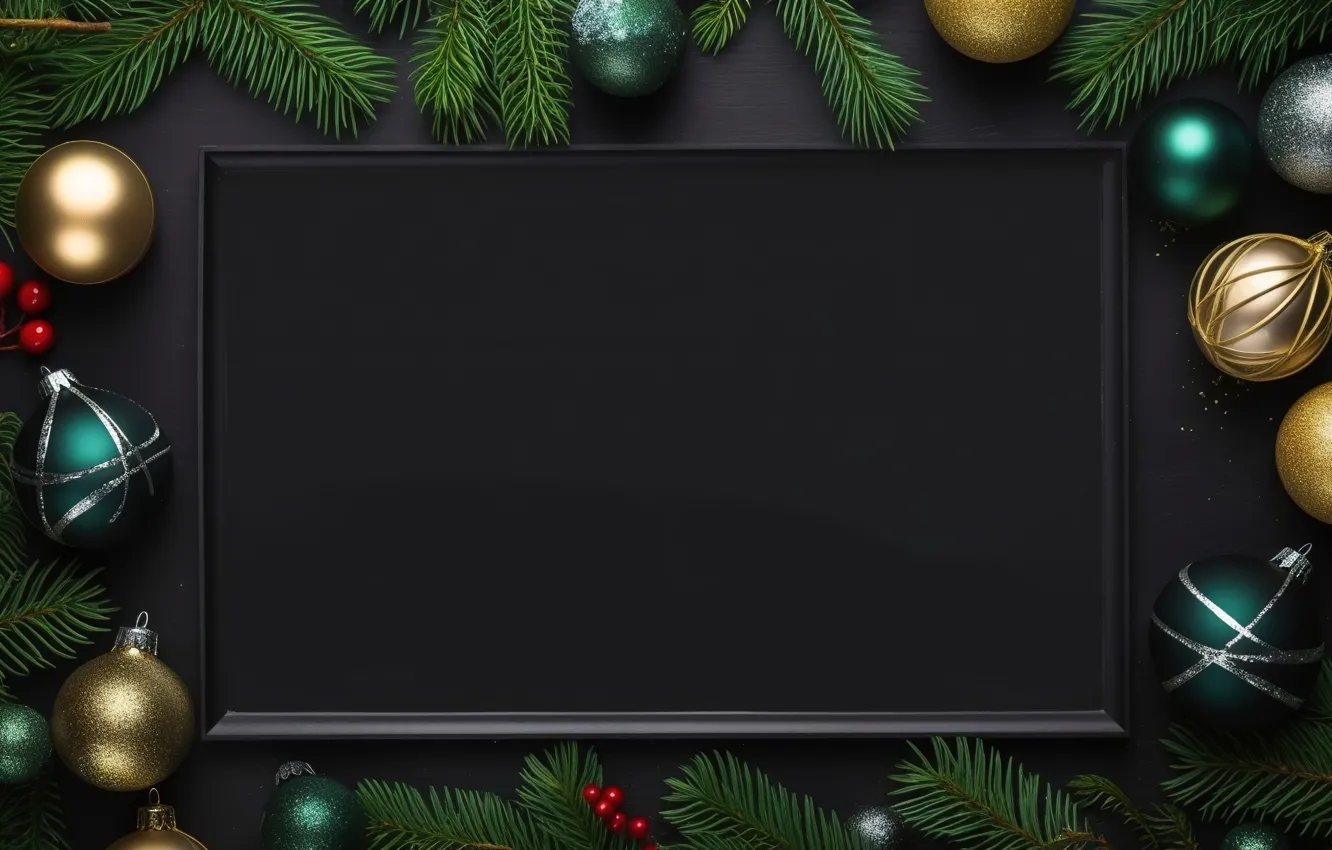 Photo wallpaper decoration, the dark background, balls, new year, frame, Christmas, golden, Christmas