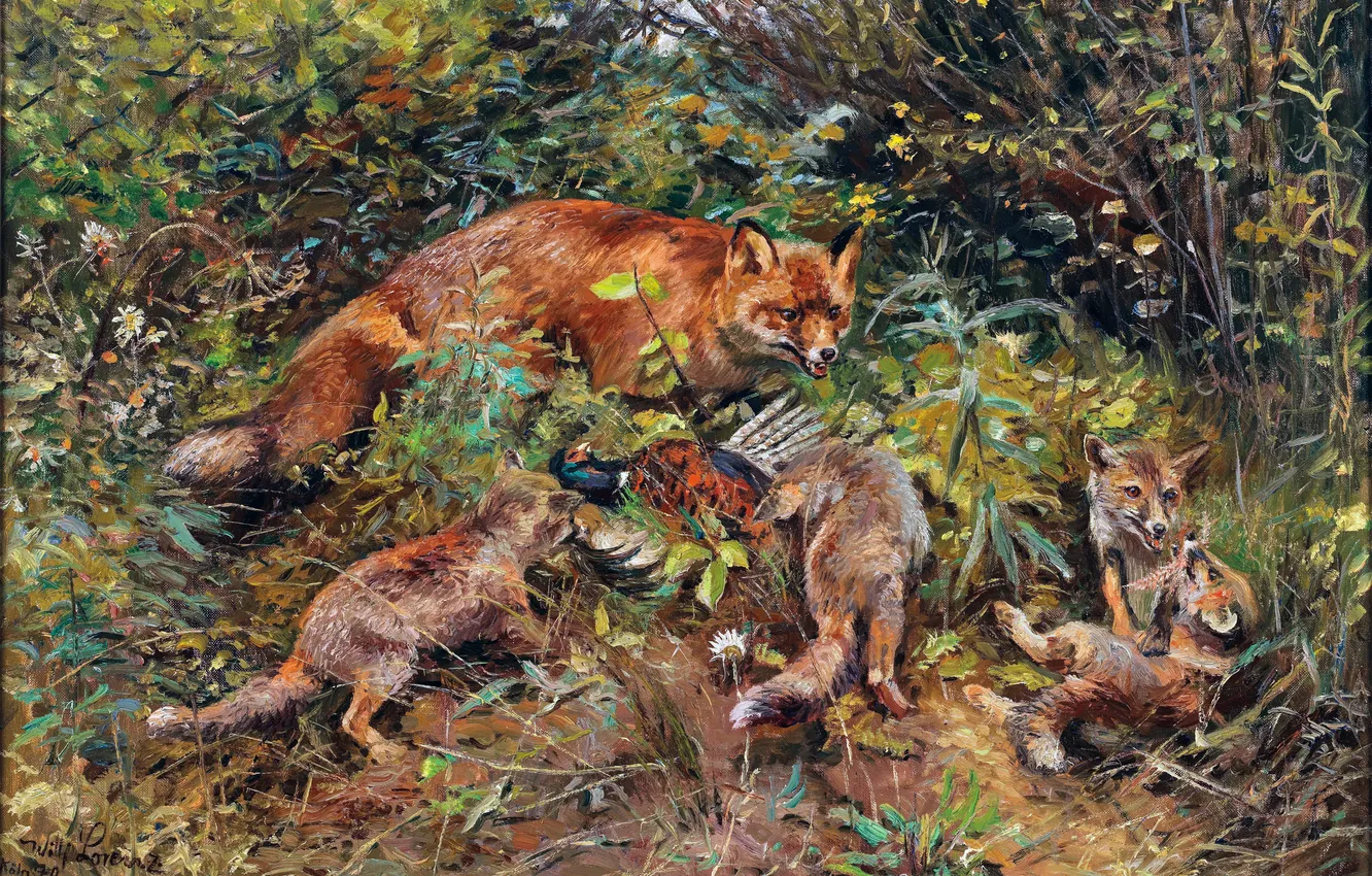 Photo wallpaper Fox, Picture, Cubs, Cubs, German artist, Wilhelm Lorenz, Wilhelm Lorenz, A fox and little foxes …