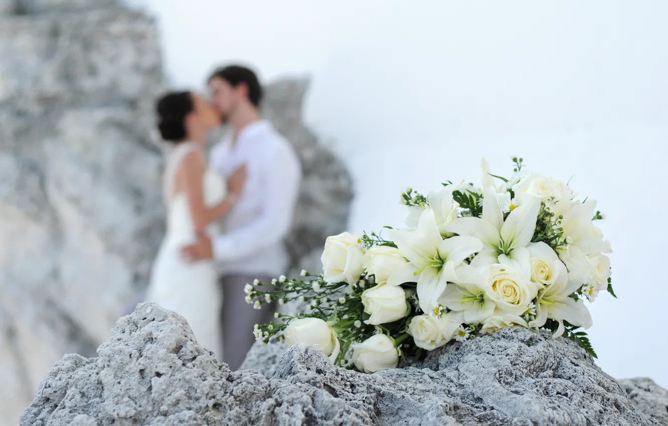 Photo wallpaper flowers, woman, bouquet, male, wedding, the groom