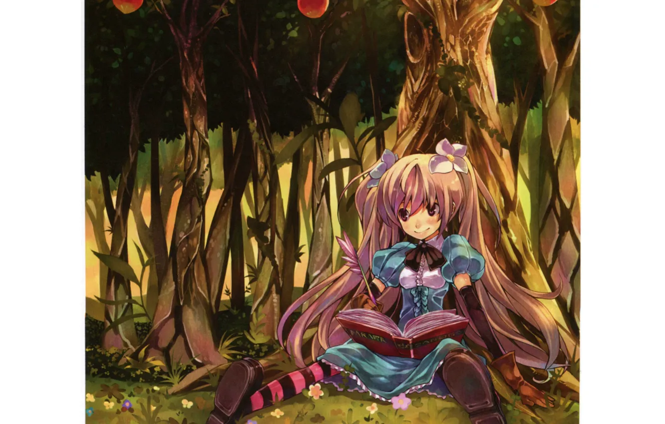 Photo wallpaper trees, flowers, apples, gloves, book, Alice in Wonderland, striped stockings