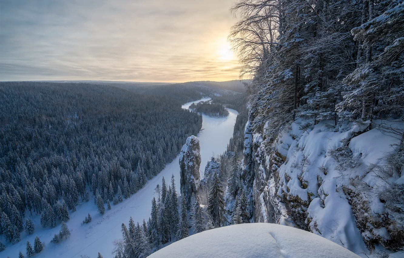 Photo wallpaper winter, snow, landscape, mountains, nature, river, rocks, posts